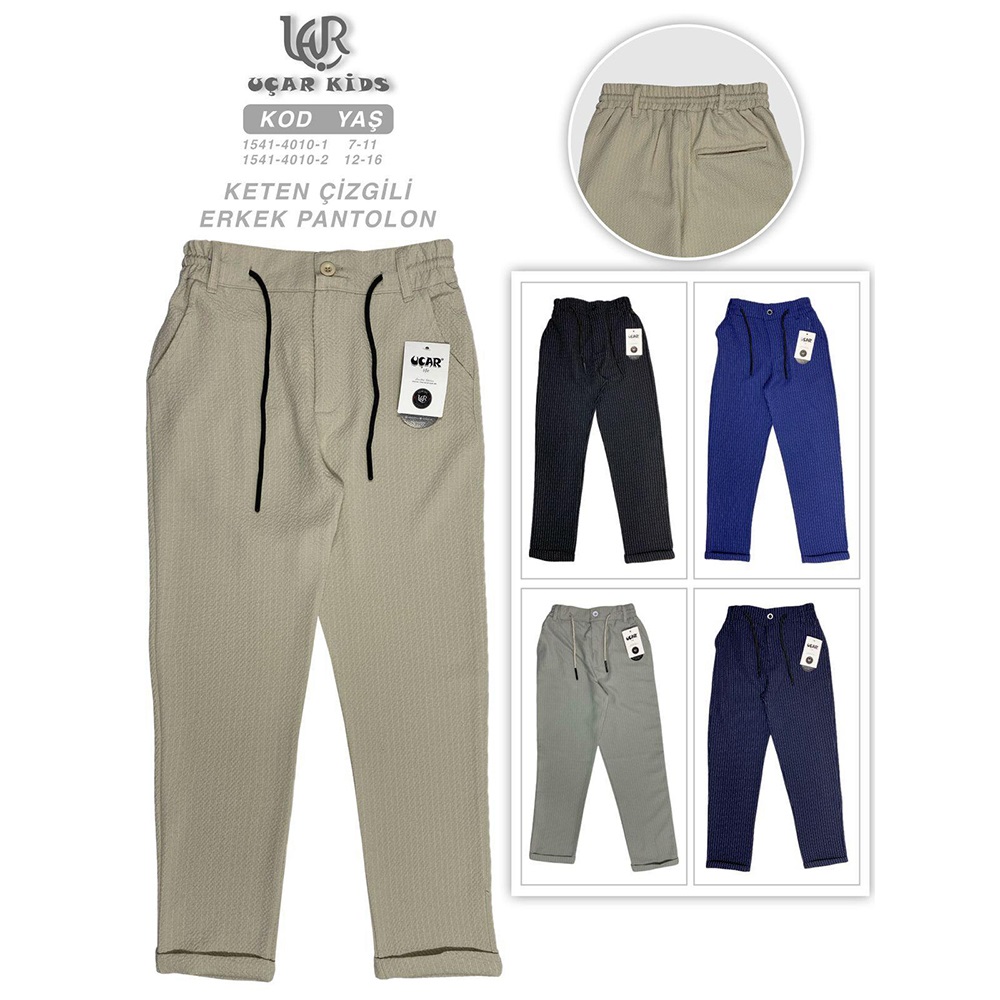 Uçar 1541-2 Erkek Çocuk Keten Çizgili Arka Cepli Duble Paça UzunPantolon 12-16 Yaş - Karışık Renk - 12-16 YAŞ