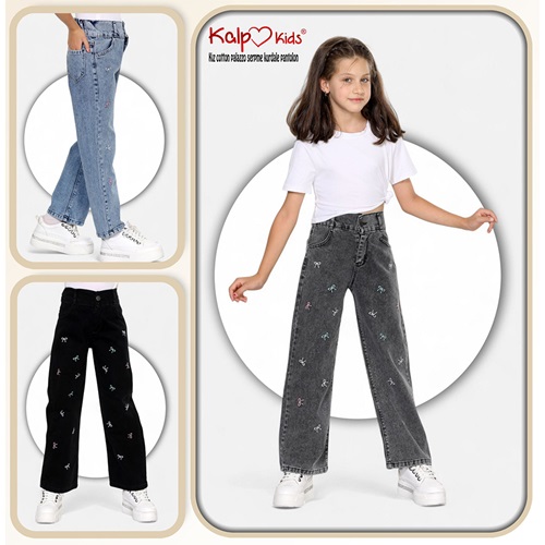 Kalp Kids 1545-2 Kız Çocuk Palazzo Serpme Kurdale Pantolon 11-15 Yaş - Mavi - 11-15 YAŞ