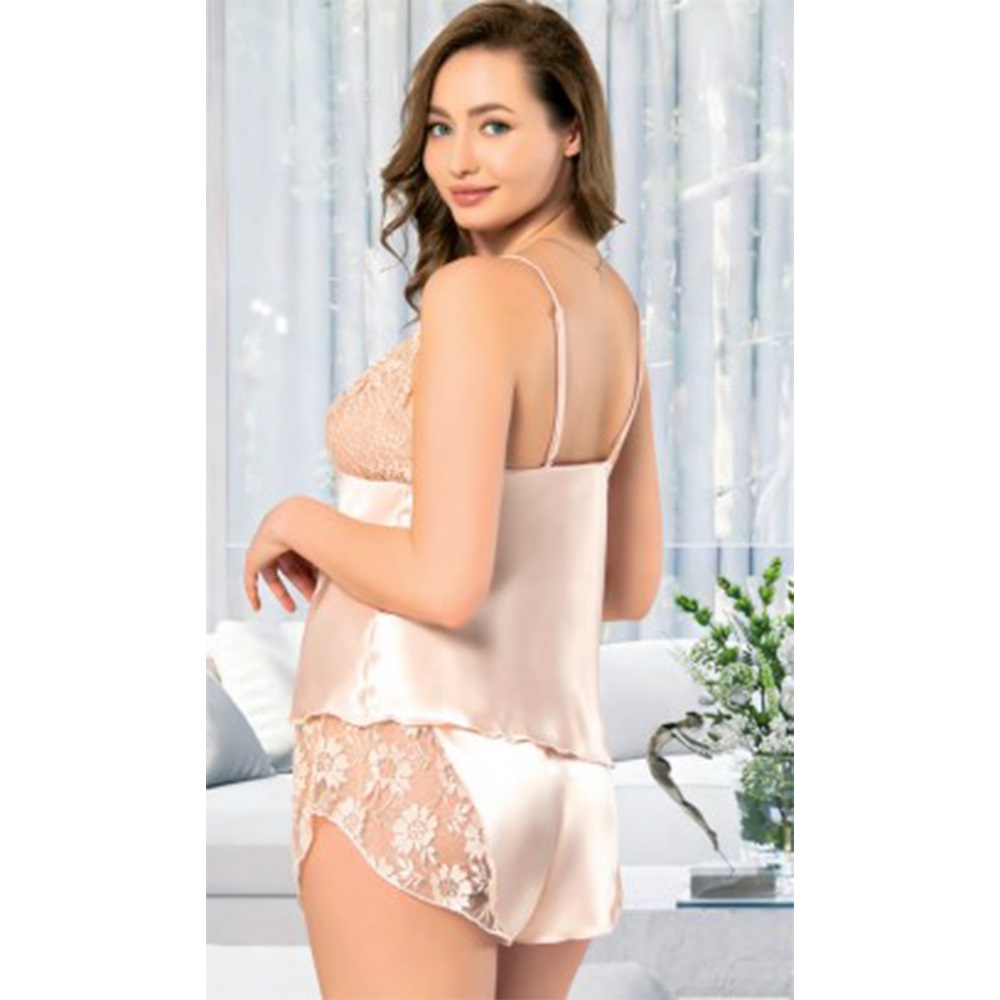 Miss Laris 4216 Bayan Battal Dantelli Saten Şortlu Gecelik - Krem - 2XL