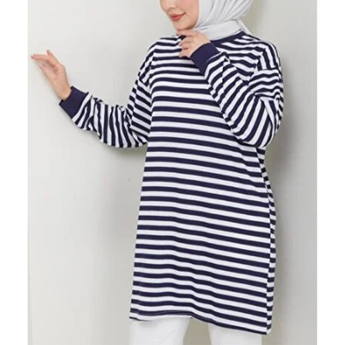 Nisanur Bayan Penye İki İpli Çizgili Sıfır Yaka Uzun Kol Tunik S-2XL - Karışık Renk - S-M-L-XL-2XL