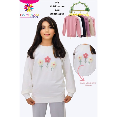 Papatyam Kids 11795 Kız Çocuk 2 İp 3 Lü Papatya Süzine Nakışlı Sweat 9-12 Yaş - Karışık Renk - 9-12 YAŞ