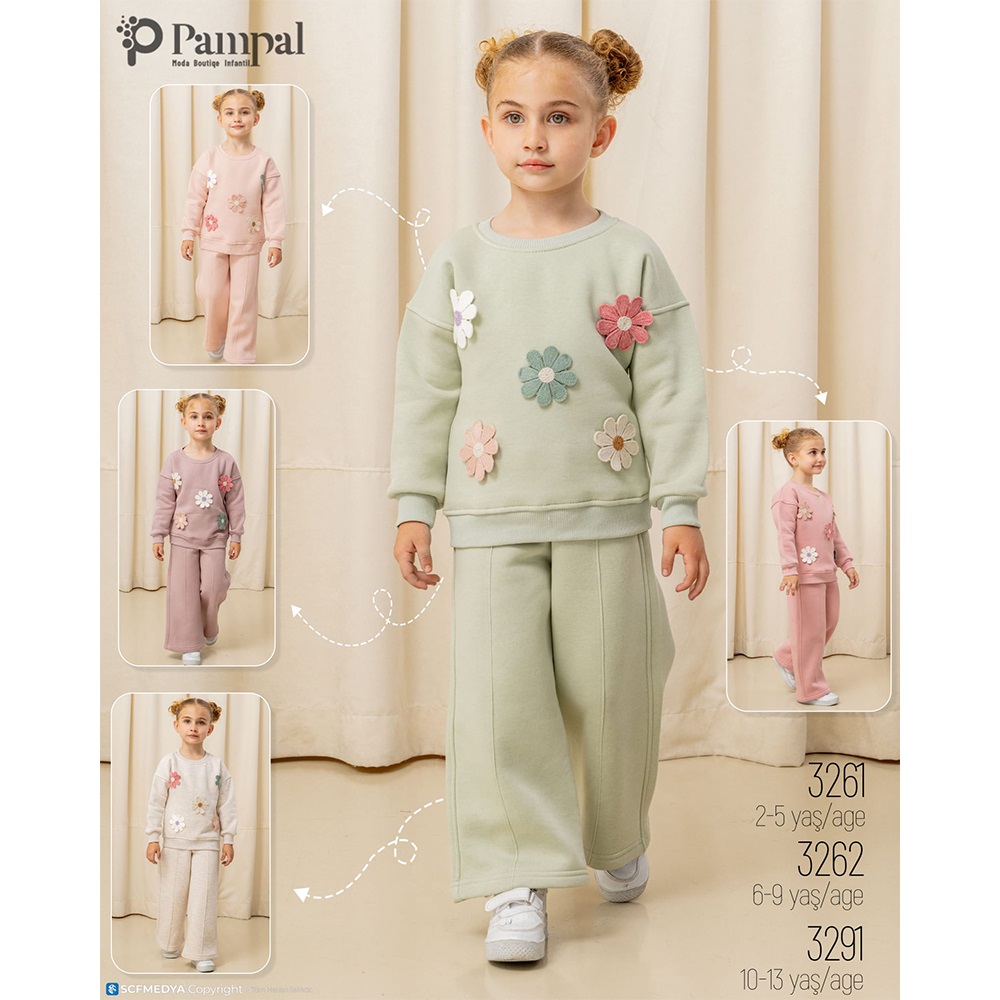 Pampal 3291 Kız Çocuk 3 İplik Çiçek Nakışlı Takım 10-13 Yaş