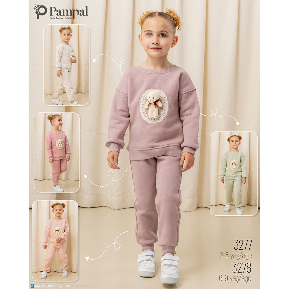 Pampal 3277 Kız Çocuk 3 İplik Sevimli Oyuncak Ayıcıklı Takım 2-5 Yaş