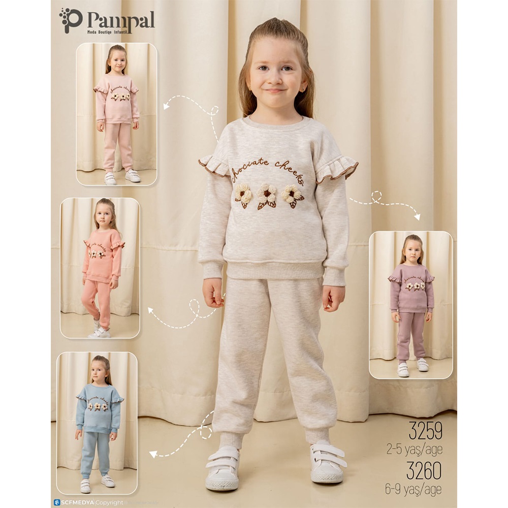 Pampal 3260 Kız Çocuk 3 İplik Kabartma 3 Çiçek Nakışlı Takım 6-9 Yaş
