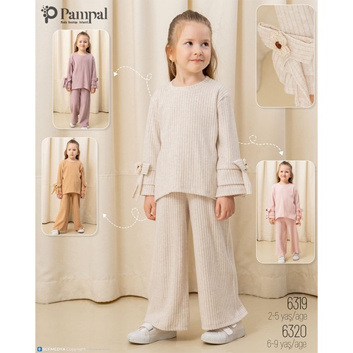 Pampal 6319 Kız Çocuk 3 İplik Kol Kabartma Çiçek Nakışlı Fitilli Takım 2-5 Yaş - Karışık Renk - 2-5 YAŞ