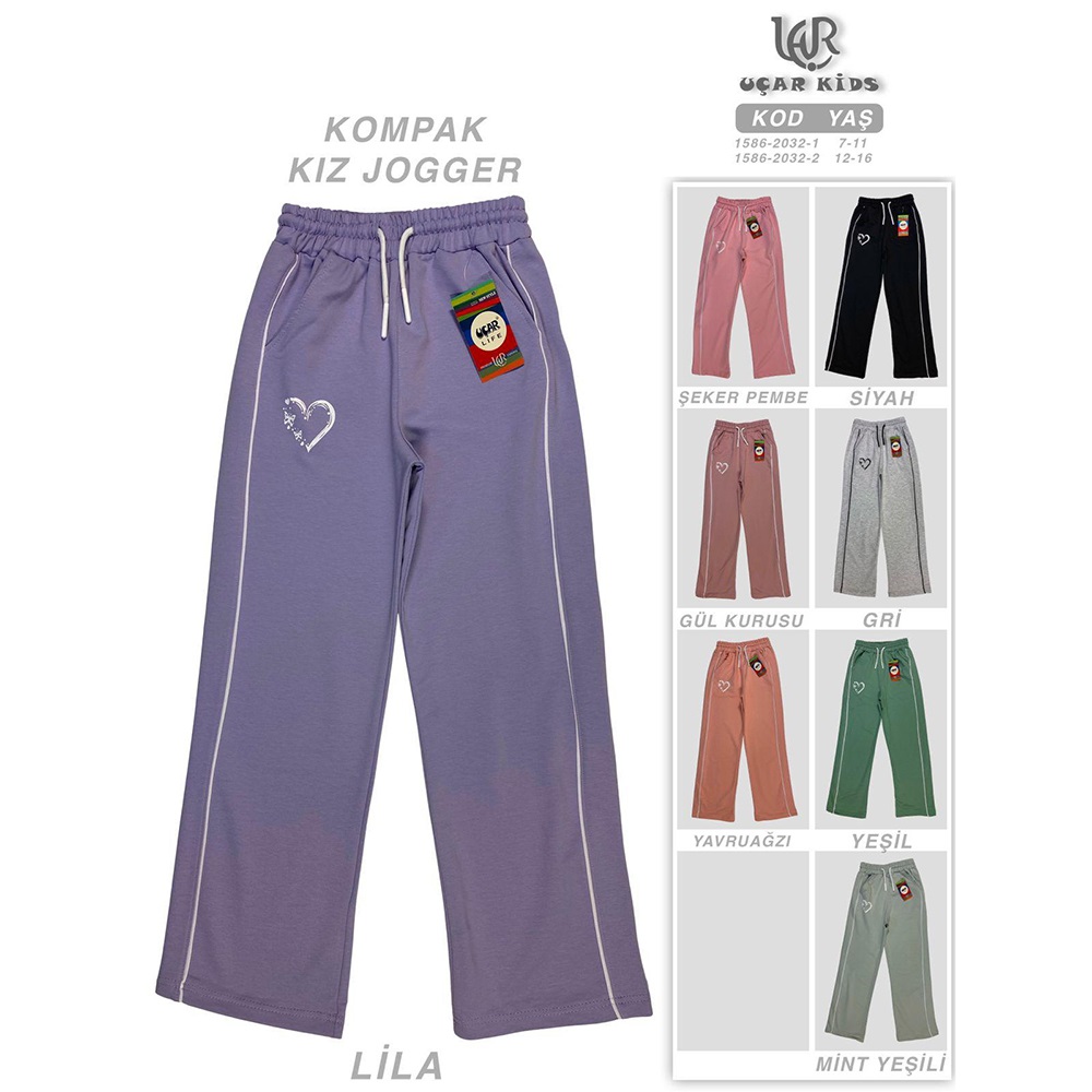 Uçar 2032-2 Kız Çocuk Kompak Yan Parça Kalp Baskı Uzun Geniş Paça Eşofman 12-16 Yaş - Karışık Renk - 12-16 YAŞ