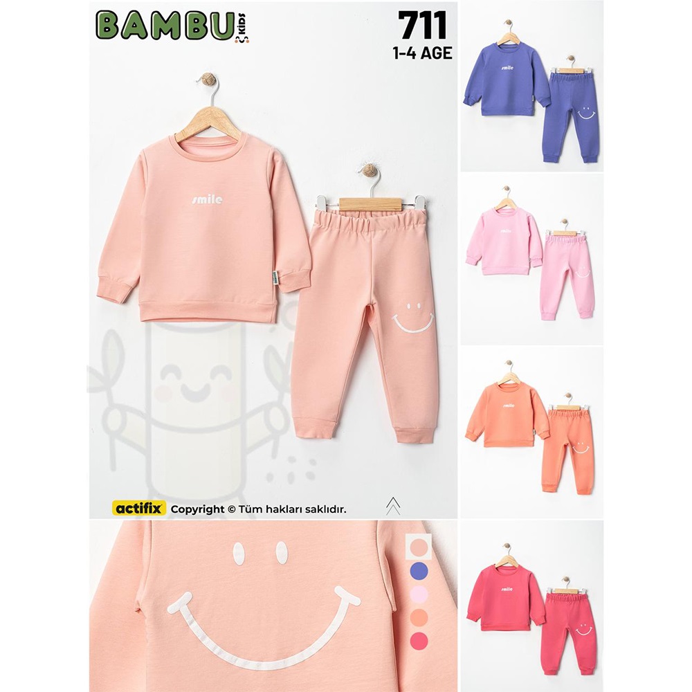 Bambu Kids 711 Kız Çocuk 2 İplik Smile Baskılı Sıfır Yaka Takım 1-4 Yaş