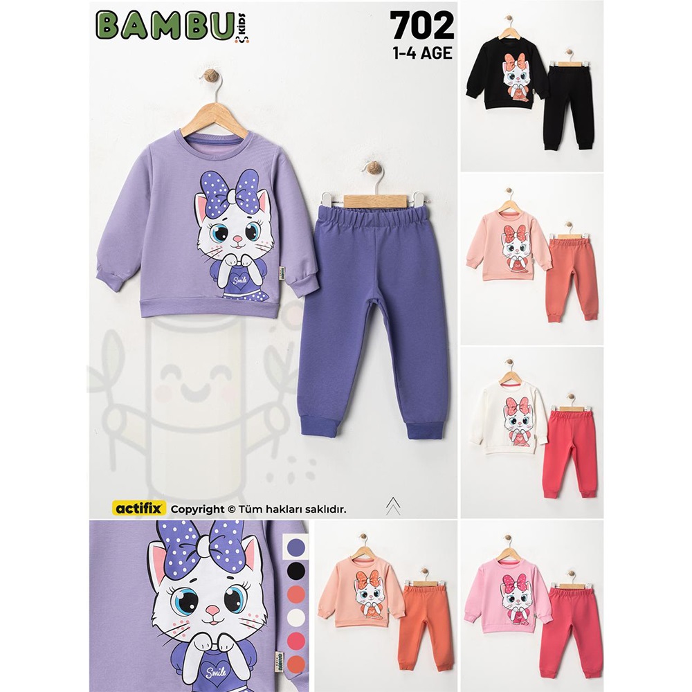 Bambu Kids 702 Kız Çocuk 2 İplik Sevimli Kedi Baskılı Sıfır Yaka Takım 1-4 Yaş