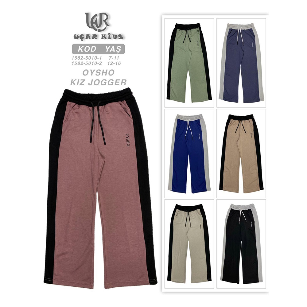 Oysho 5010-2 Kız Çocuk Oysho Baskılı Yan Ve Kemer Grn Uzun Geniş Paça Pantolon 12-16 Yaş
