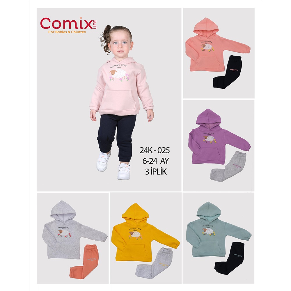 Comix 025 Kız Bebe 3 İp Little Lamb Baskılı KapşonluTakım 06-24 Ay