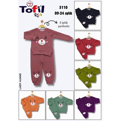 Tofil 5110 Kız Çocuk 3 İp Cepli Peluş Bear Kulaklı Nakışlı Takım 9-24 Ay - Karışık Renk - 9-24 AY