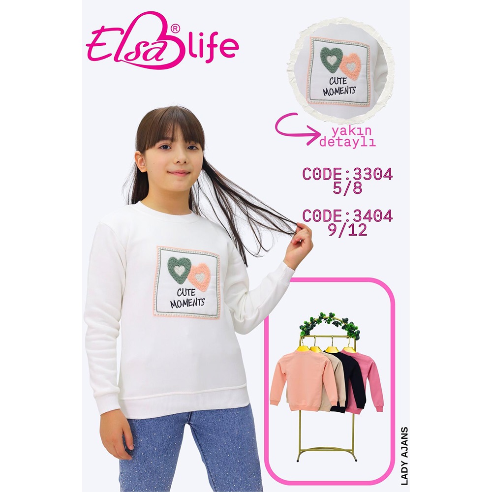 Elsa Life 3304 Kız Çocuk 3 İp Şardonlu Süzine Kalp Nakışlı Sıfır Yaka Sweat 5-8 Yaş