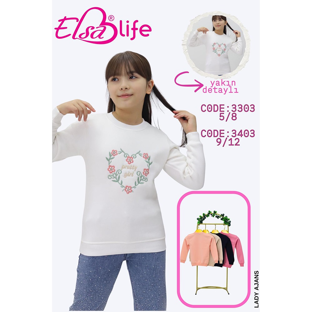Elsa Life 3303 Kız Çocuk 3 İp Şardonlu Pretty Girl Nakışlı Sıfır Yaka Sweat 5-8 Yaş