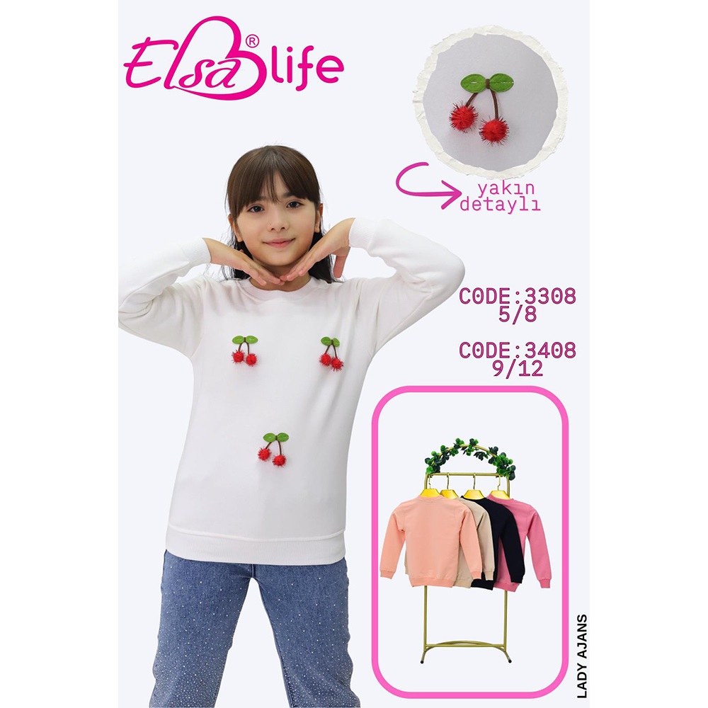 Elsa Life 3308 Kız Çocuk 3 İp Şardonlu Kirazlı Sıfır Yaka Sweat 5-8 Yaş