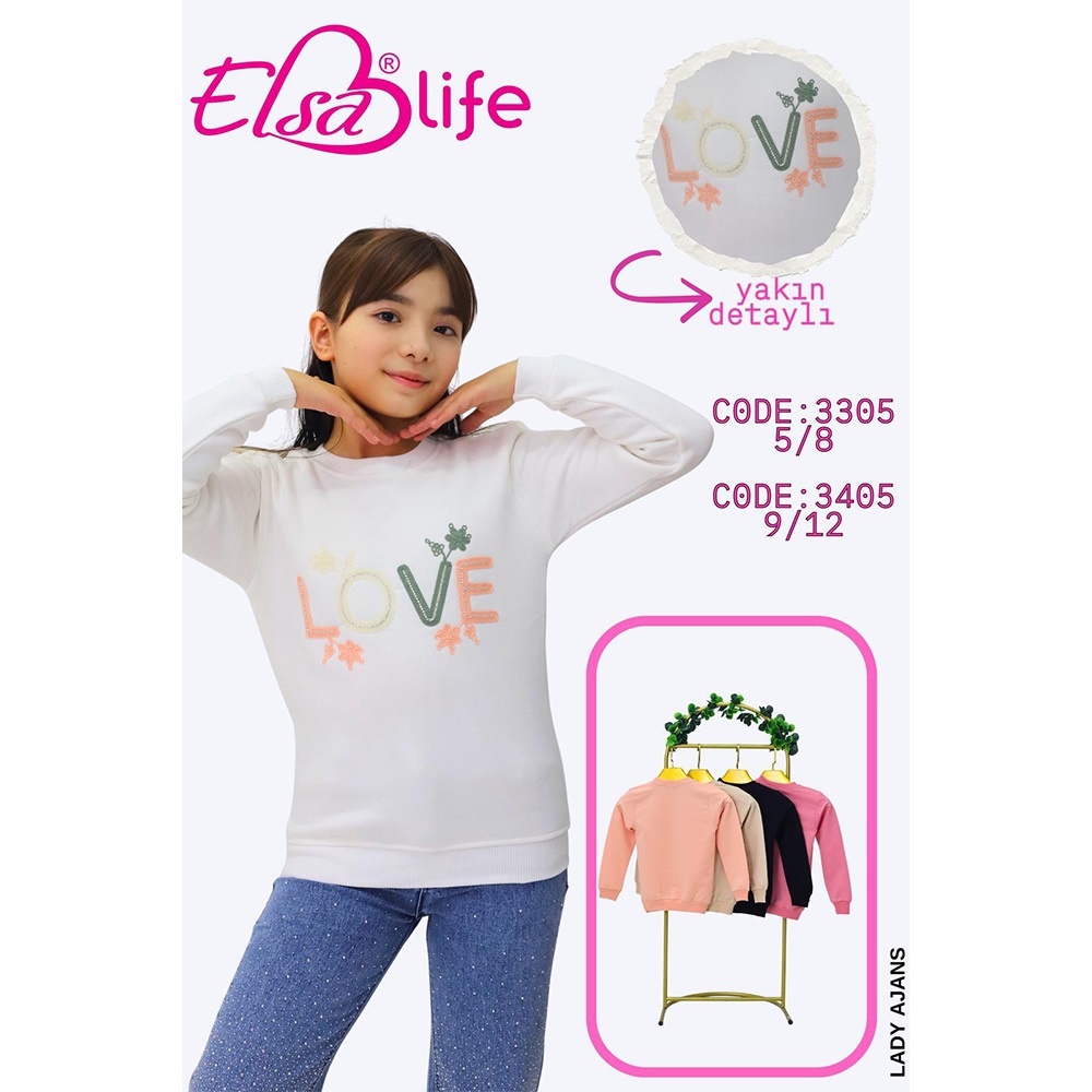 Elsa Life 3405 Kız Çocuk 3 İp Şardonlu Love Nakışlı Sıfır Yaka Sweat 9-12 Yaş