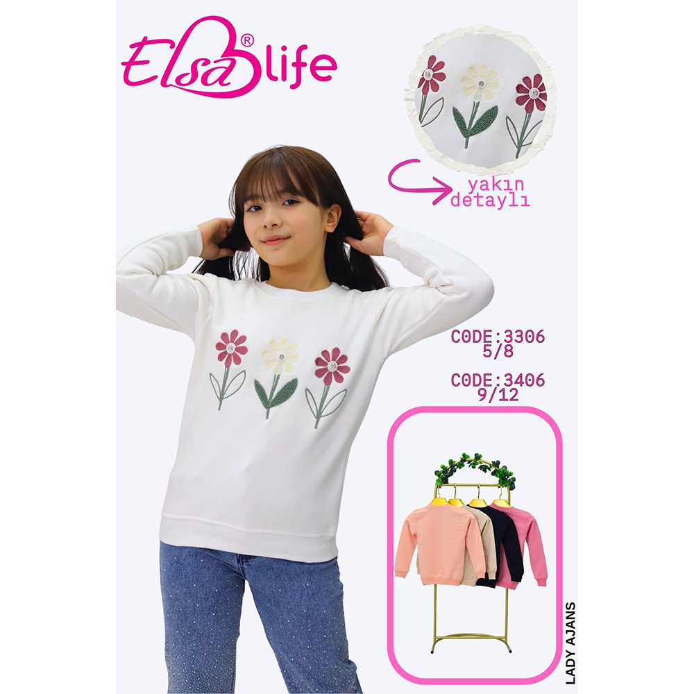 Elsa Life 3306 Kız Çocuk 3 İp Şardonlu 3 Çiçek Nakışlı Sıfır Yaka Sweat 5-8 Yaş