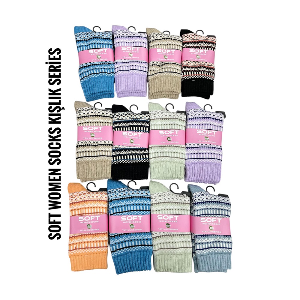 Soft 3388 Bayan Havlu Kışlık Yün Lüx Serier Soket Çorap - Karışık Renk - ASORTİ