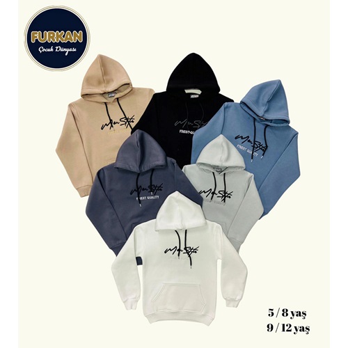 Furkan 8002 Erkek Çocuk 3 İplik Fınest Qualıty Nakışlı Kapşonlu Sweat 5-8 Yaş - Karışık Renk - 5-8 YAŞ