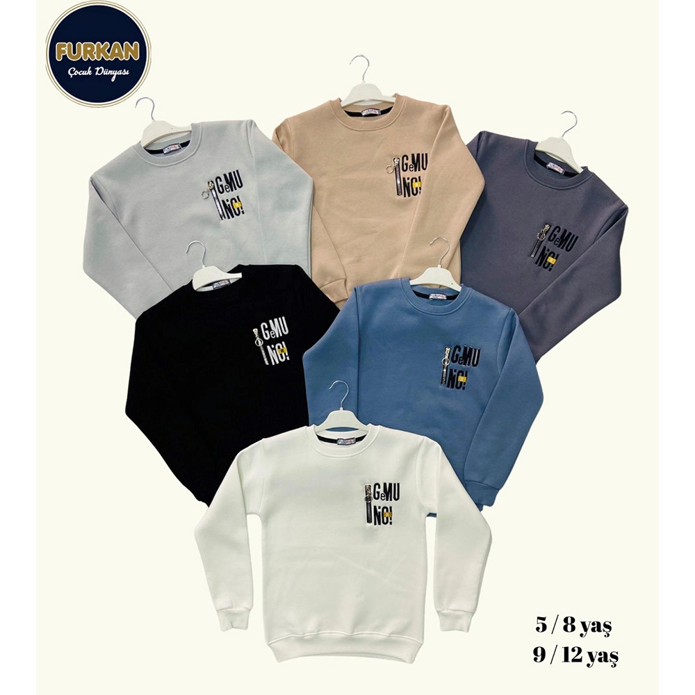 Furkan 8026 Erkek Çocuk 3 İplik Cep Fermuar Gemu Nakışlı Sıfır Yaka Sweat 5-8 Yaş