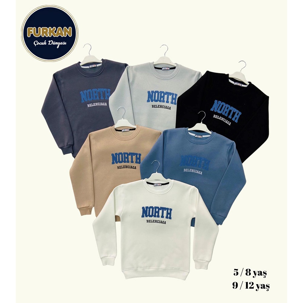 Furkan 8026 Erkek Çocuk 3 İplik North Nakışlı Sıfır Yaka Sweat 5-8 Yaş - Karışık Renk - 5-8 YAŞ