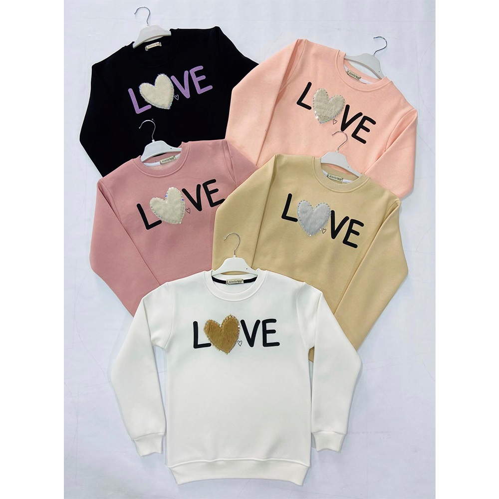 Almila 8071 Kız Çocuk 3 İplik Love Peluş Kalp Nakışlı Sıfır Yaka Sweat 5-8 Yaş