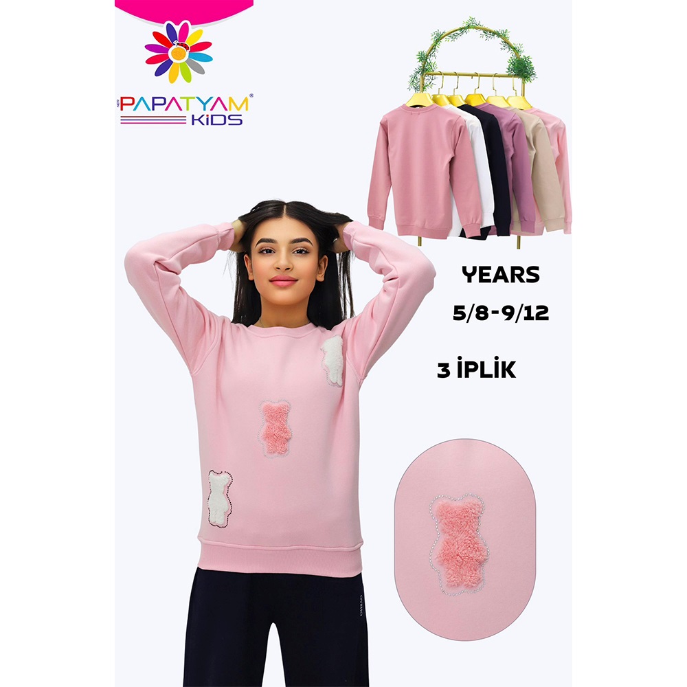 Papatyam Kids 11918 Kız Çocuk 3 İp Üçlü Peluş Taşlı Aycık Nakışlı Sweat 9-12 Yaş - Karışık Renk - 9-12 YAŞ - 38919-Karışık Renk -9-12 YAŞ