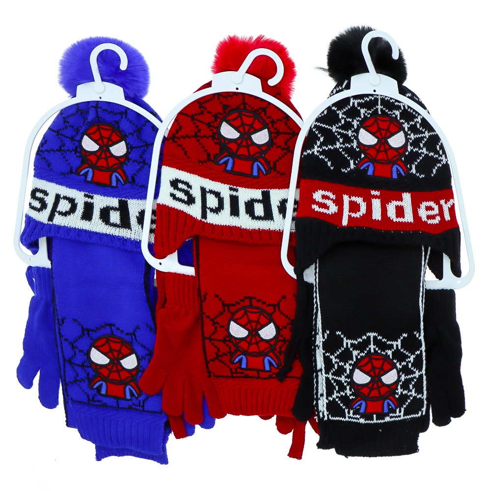 Recos Çocuk Triko Spiderman Nakışlı Ponponlu Atkı Bere Eldiven 3 Lü Takım 4-8 Yaş