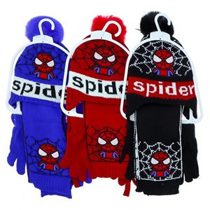 Recos Çocuk Triko Spiderman Nakışlı Ponponlu Atkı Bere Eldiven 3 Lü Takım 4-8 Yaş