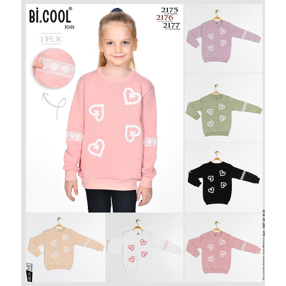 Bi Cool 2175 Kız Çocuk 3 İplik Kalp Nakışlı Sıfır Yaka Sweat 5-8 Yaş