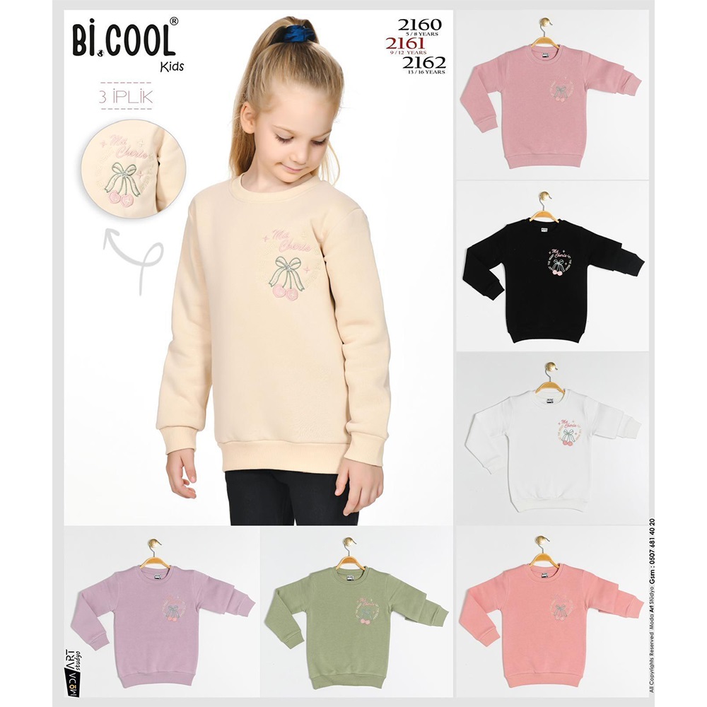 Bi Cool 2160 Kız Çocuk 3 İplik Kiraz Nakışlı Sıfır Yaka Sweat 5-8 Yaş