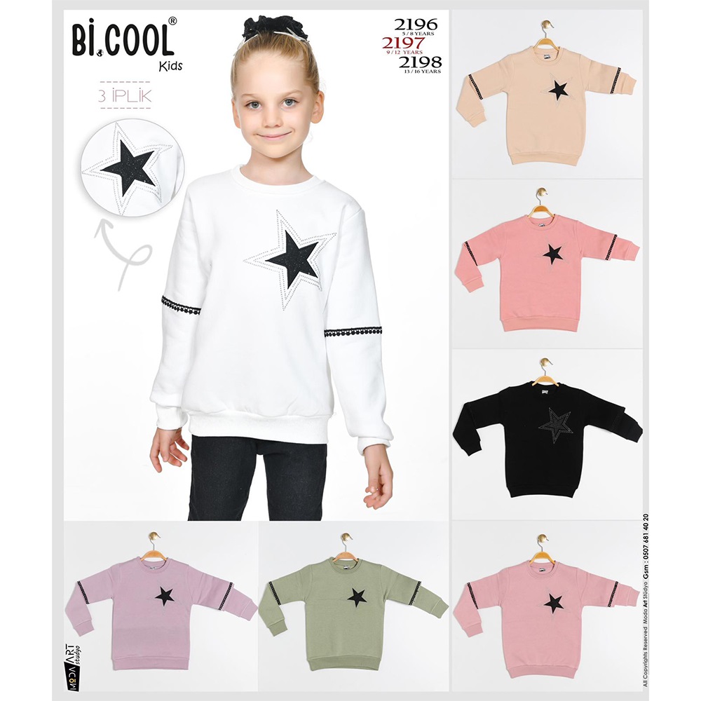 Bi Cool 2198 Kız Çocuk 3 İplik Taş Yıldız Nakışlı Sıfır Yaka Sweat 13-16 Yaş