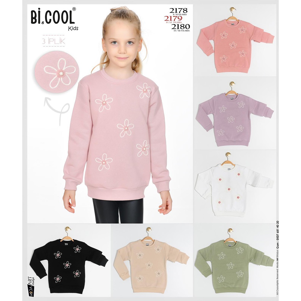 Bi Cool 2180 Kız Çocuk 3 İplik Çiçek Nakışlı Sıfır Yaka Sweat 13-16 Yaş