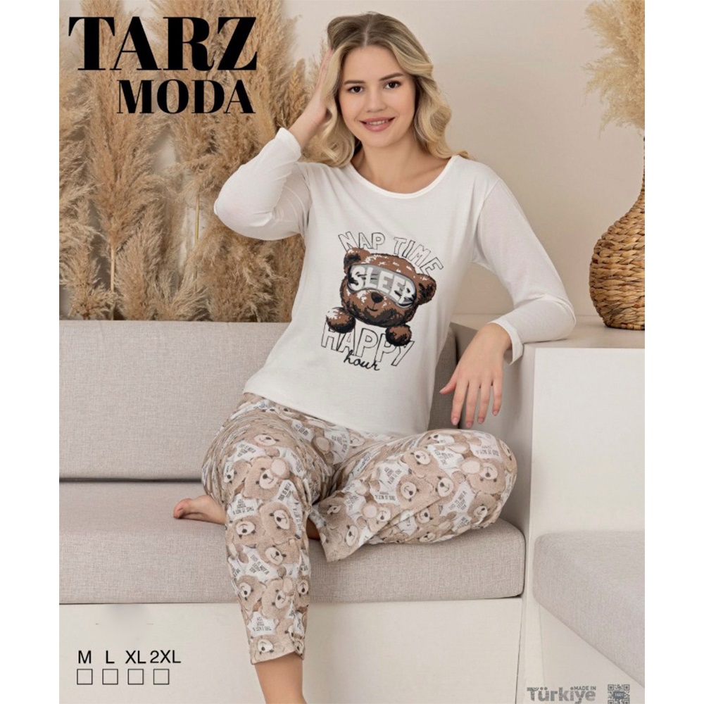 Tarz Moda 1464 Bayan Penye Likralı Baskılı Pijama Takımı M-2XL (4 Lü)