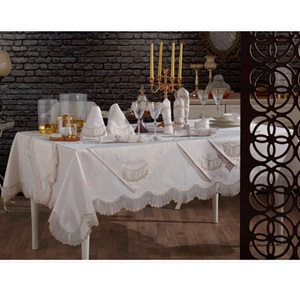 Kasso Home Krc0736 İnce Gardenya Fransız Güpürlü 26 parça Masa Örtüsü Seti 160 X 220 CM - Karışık Renk - 160X220 CM