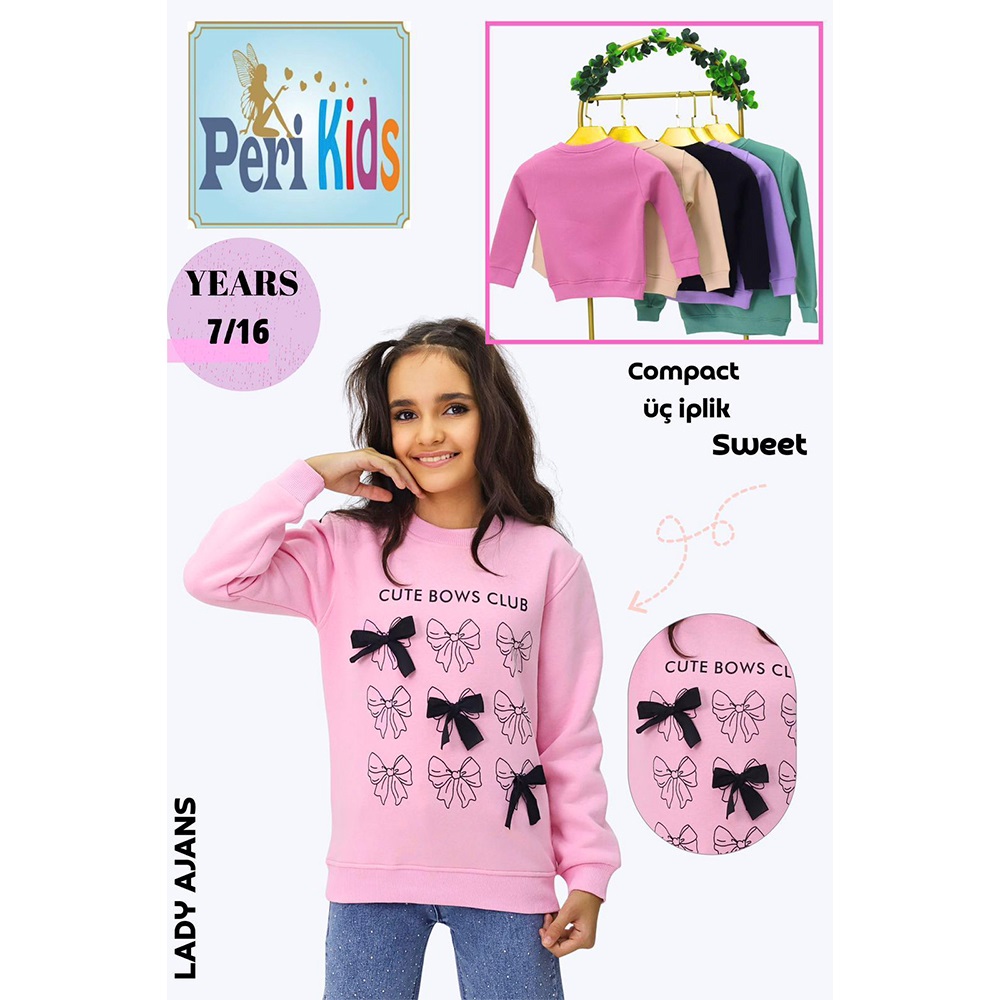 Peri Kids 1001 Kız Çocuk 3 İp Kurdela Baskılı Sıfır Yaka Sweat 12-16 Yaş