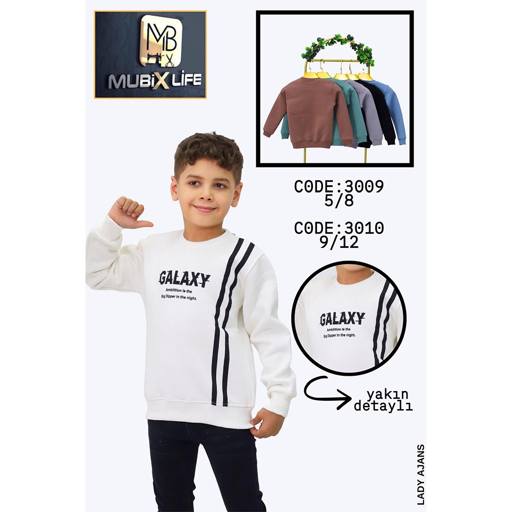 Mubix 3007 Erkek Çocuk 3 İp Şardonlu Galaxy Baskılı Sıfır Yaka Sweat 5-8 Yaş - Karışık Renk - 5-8 YAŞ