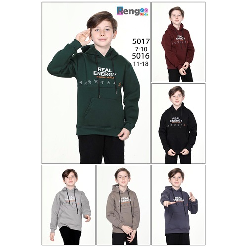 Rengoo 5017 Erkek Çocuk 3 iplik Kang Rel Baskılı Kapşonlu Sweat 7-10 Yaş - Karışık Renk - 7-10 YAŞ