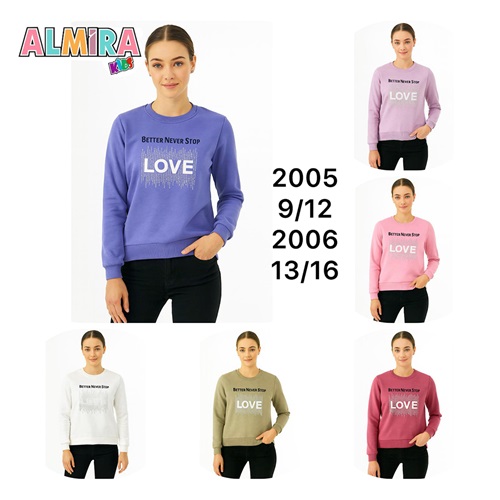 Almira Kids 2006 Kız Çocuk 3 İp Taş Love Baskılı Sıfır Yaka Sweat 13-16 Yaş - Karışık Renk - 13-16 YAŞ