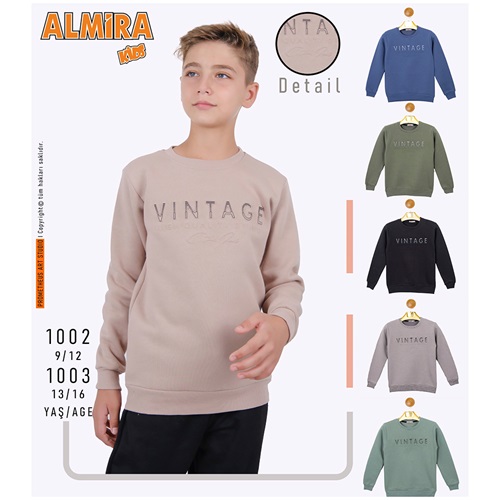 Almira Kids 1003 Erkek Çocuk 3 İp Vintage Baskılı Sıfır Yaka Sweat 13-16 Yaş - Karışık Renk - 13-16 YAŞ