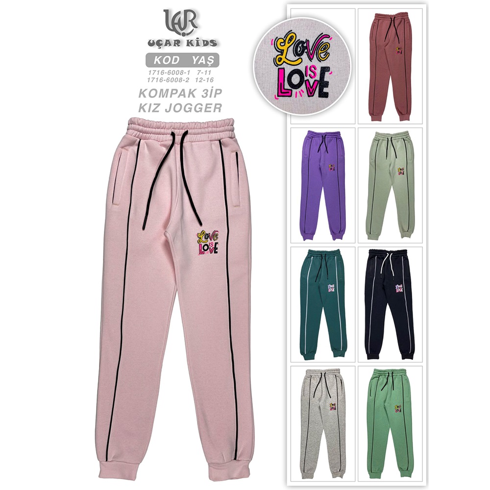 Uçar 6008-1 Kız Çocuk 3 İp Love Baskılı Ön Biye Flato Ribana Paça Eşofman Alt 7-11 Yaş - Karışık Renk - 7-11 YAŞ