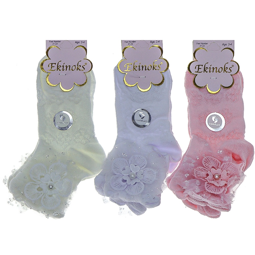 Ekinoks Kız Çocuk Desenli Ve Aksesuarlı Soket Çorap- Beyaz