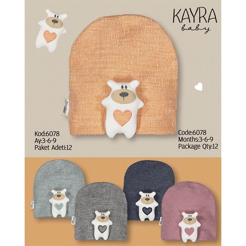 Kayra 6078 Bebe Penye Kalpli Sevimli Ayıcıklı Şapka Bere 3-9 Ay - Karışık Renk - 3-6-9 AY