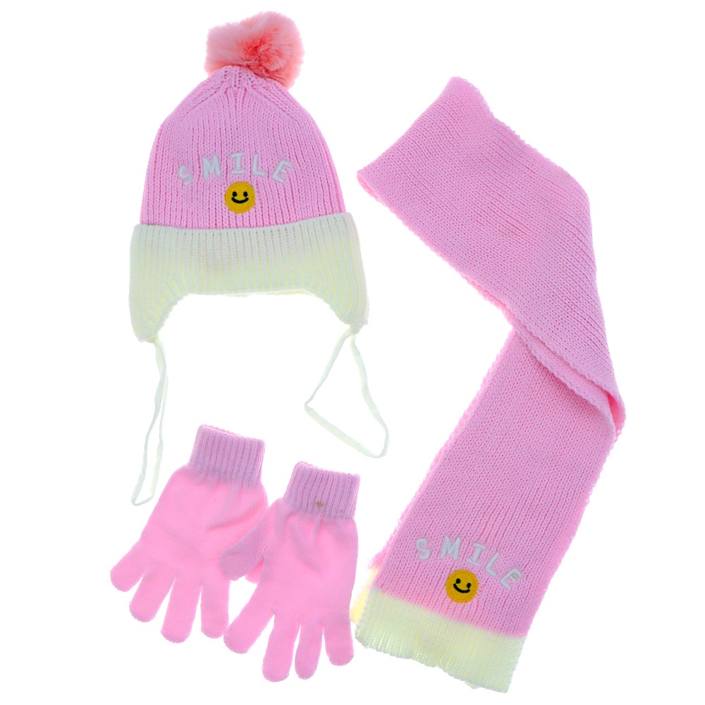 Recos Çocuk TrikoTriko Smıle Nakışlı Kulaklı İçi Polarlı Ponponlu Bere Eldiven 3 Lü Takım 4-8 Yaş