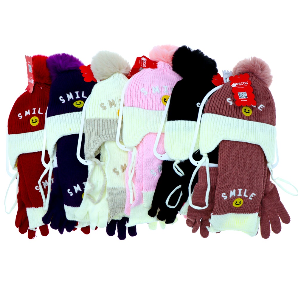 Recos Çocuk TrikoTriko Smıle Nakışlı Kulaklı İçi Polarlı Ponponlu Bere Eldiven 3 Lü Takım 4-8 Yaş