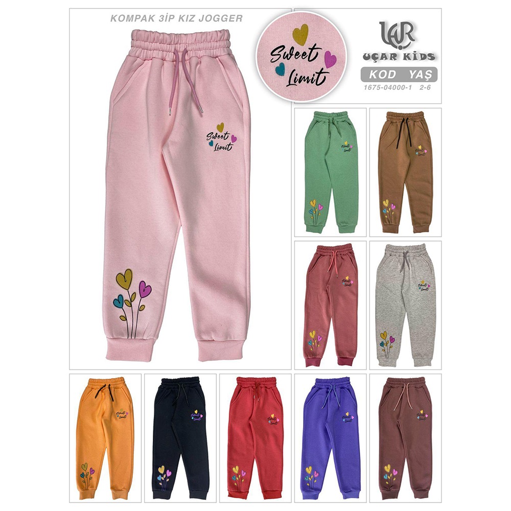 Uçar 1675-1 Kız Çocuk 3 İp Kalp Baskılı Yan Cepli Paça Ribana Eşofman Alt 2-6 Yaş - Karışık Renk - 2-6 YAŞ