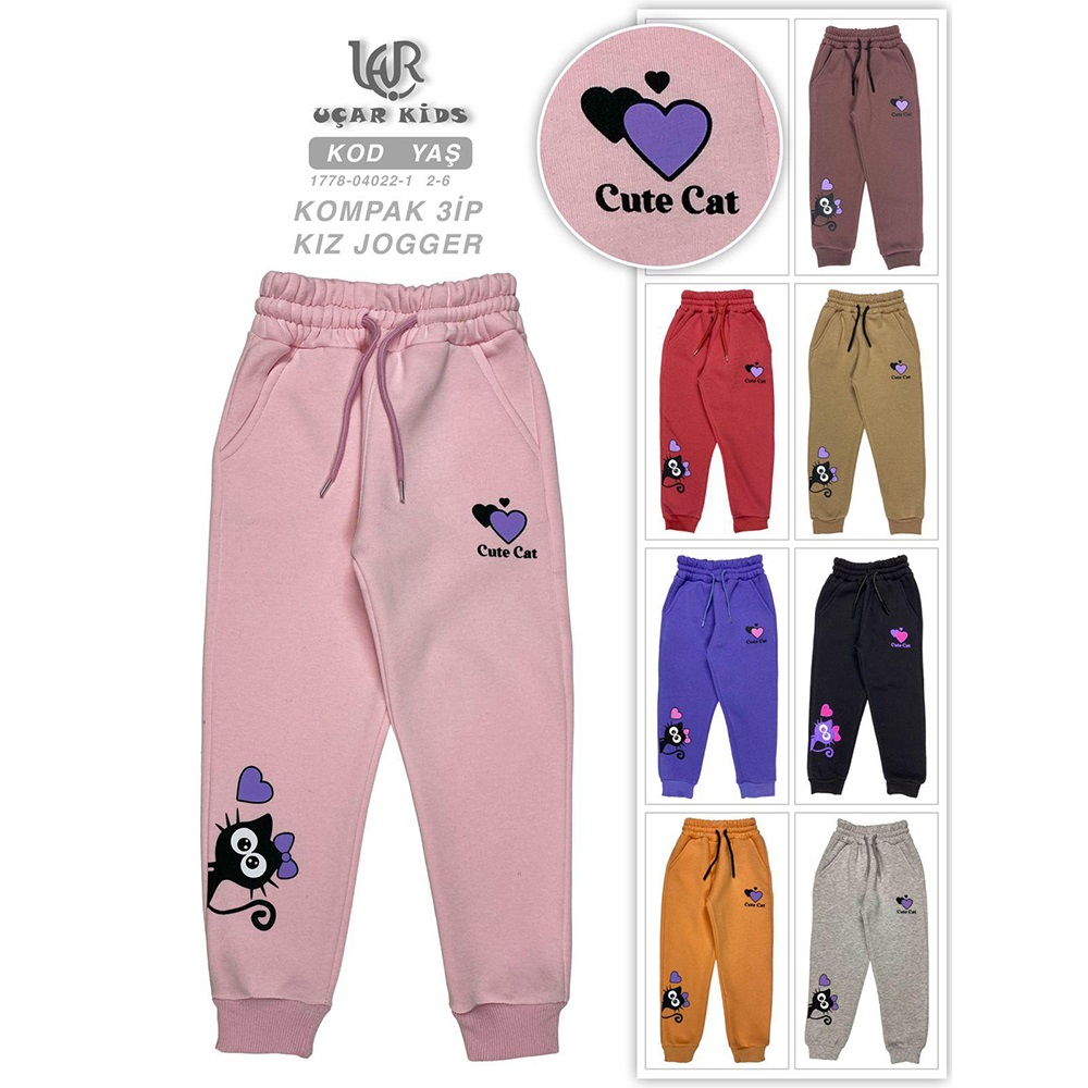 Uçar 1778-1 Kız Çocuk 3 İp Cute Cat Baskılı Yan Cepli Paça Ribana Eşofman Alt 2-6 Yaş - Karışık Renk - 2-6 YAŞ