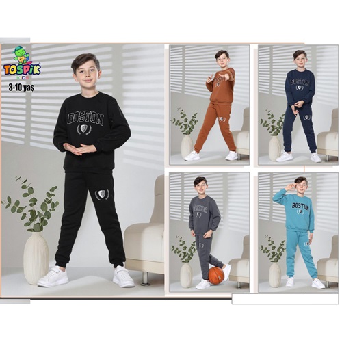 Tospik 30025 Erkek Çocuk 3 ip Boston Nakışlı Sıfır Yaka Takım 3-10 Yaş - Karışık Renk - 3-10 YAŞ - 39755-Karışık Renk -3-10 YAŞ