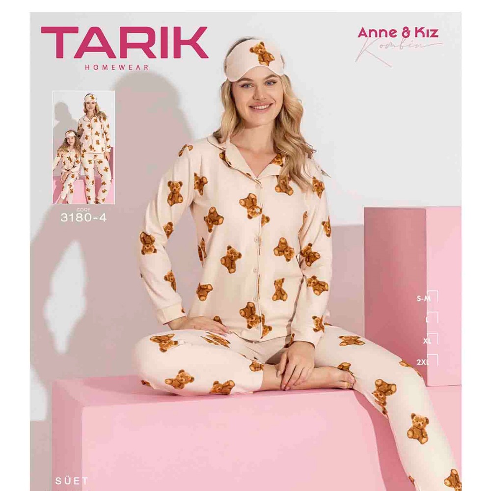 Tarık 3180-4 Bayan Süet Desenli Boydan Düğmeli Pijama Takımı S-2XL