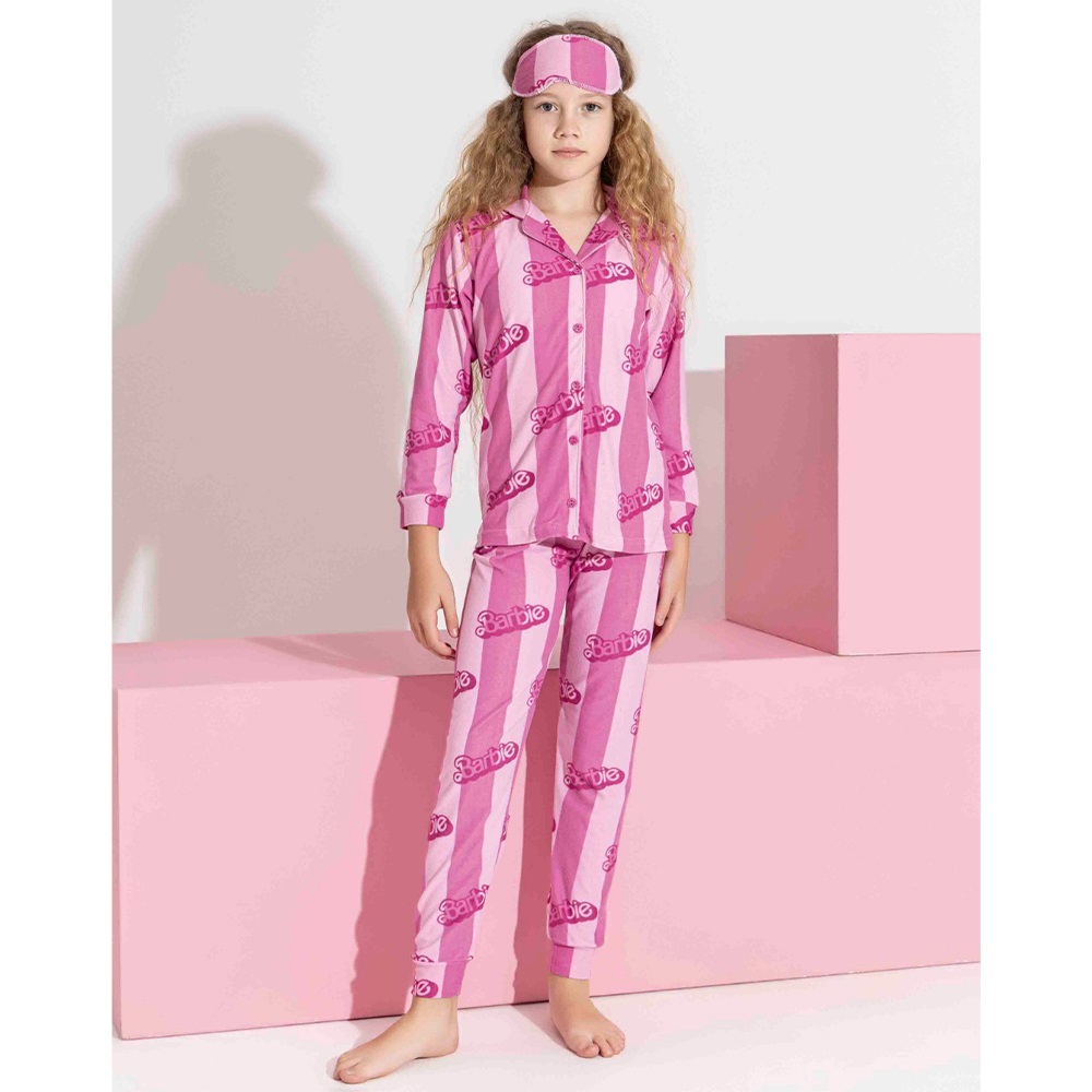 Barbie 3179-5 Kız Çocuk Süet Barbie Baskılı Boydan Düğmeli Pijama Takımı 10-15 Yaş