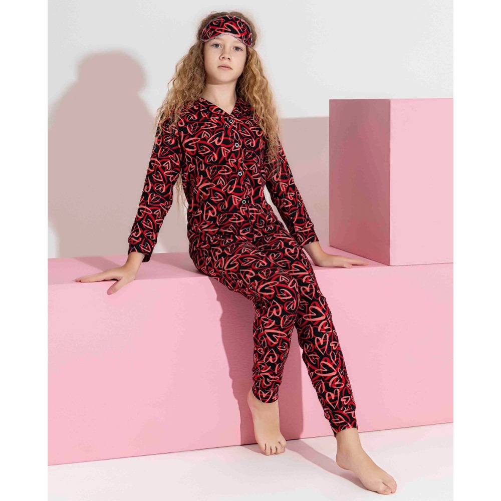 Tarık 3178-6 Kız Çocuk Süet Kalp Desenli Boydan Düğmeli Pijama Takımı 6-9 Yaş